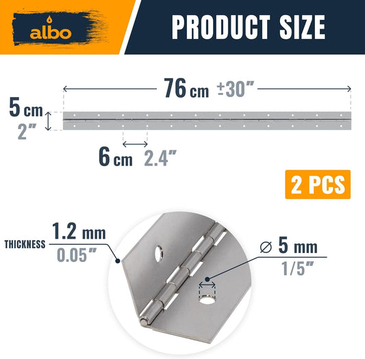 ALBO 30" Silver Heavy Duty Piano Hinge Continuous, Stainless Steel, Set of 2 pcs