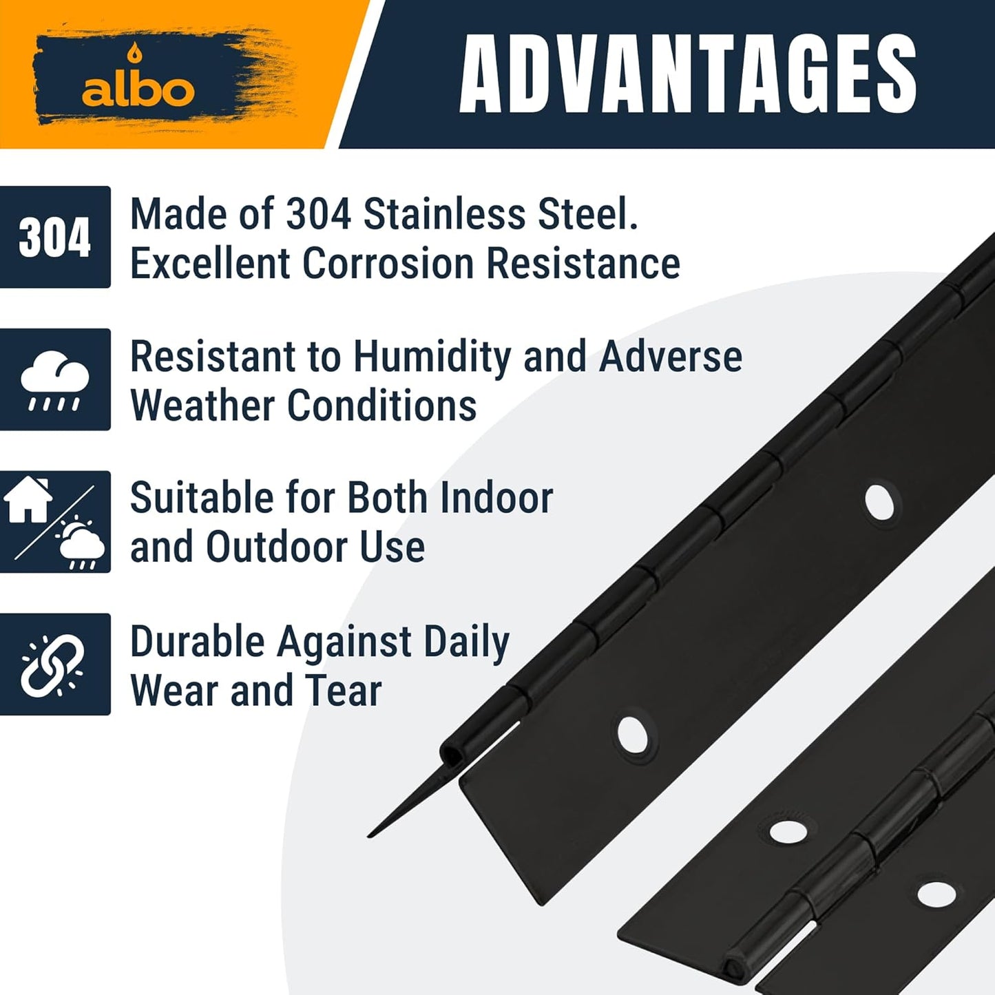 ALBO 16" Black Heavy Duty Piano Hinge Continuous, Stainless Steel, Set of 2 pcs