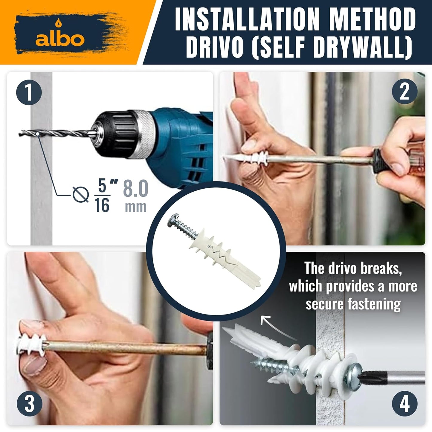 ALBO Self Drilling Plastic Drywall Hollow Wall Anchors with Screws, 25 pieces