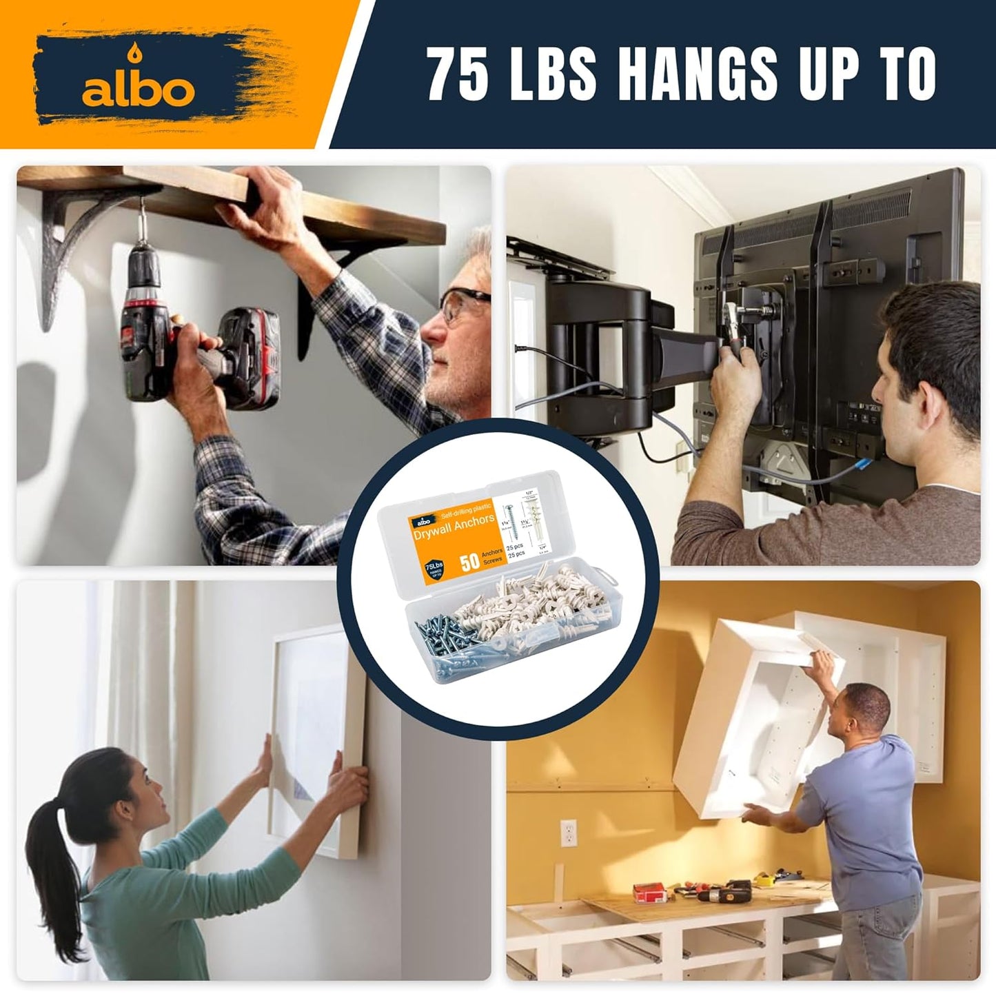 ALBO Self Drilling Plastic Drywall Hollow Wall Anchors with Screws, 25 pieces