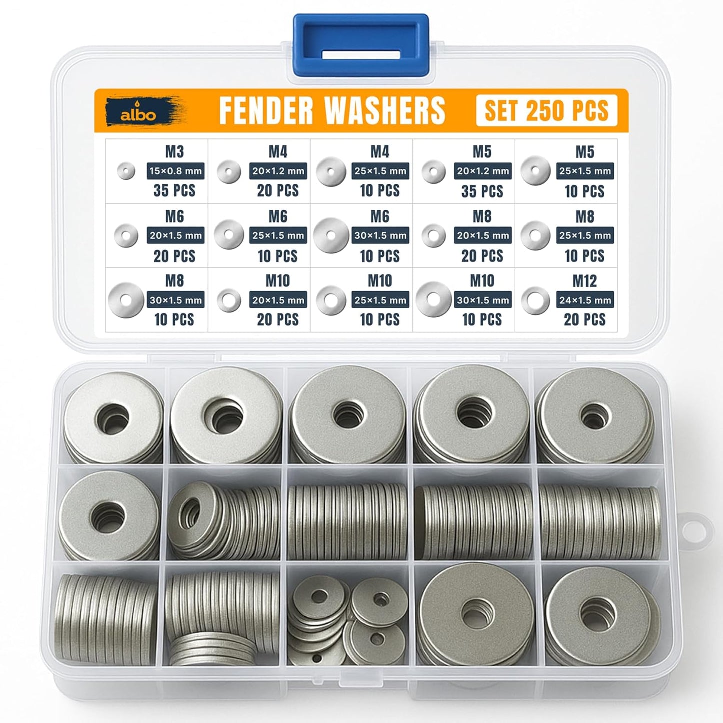 250 Pcs Metric Stainless Steel Fender Washers Assortment Kit – Flat Washers Set for Screws & Bolts, 304 Stainless Steel, Assorted Sizes M3, M4, M5, M6, M8, M10 and M12