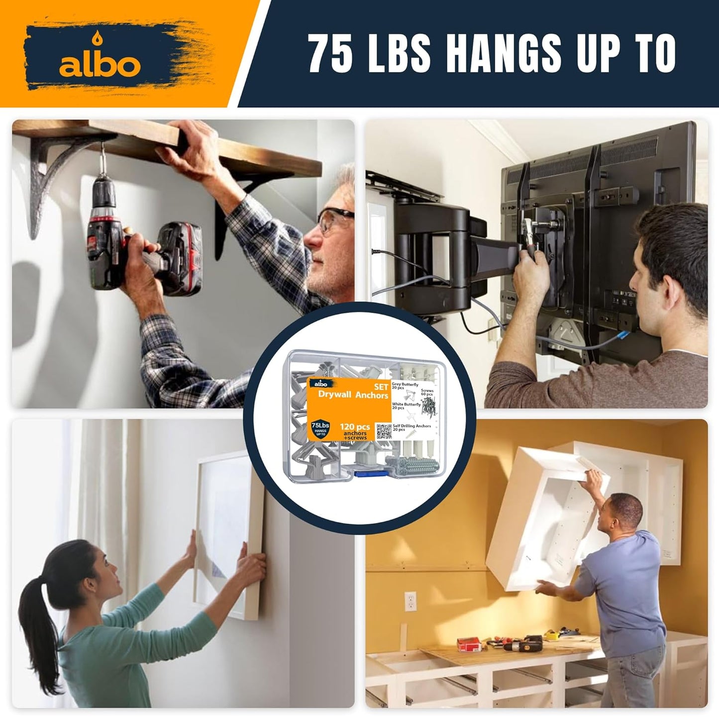 ALBO Drywall Hollow Wall Anchor Kit with Screws, Set of 3 Anchor Types, 60 pieces