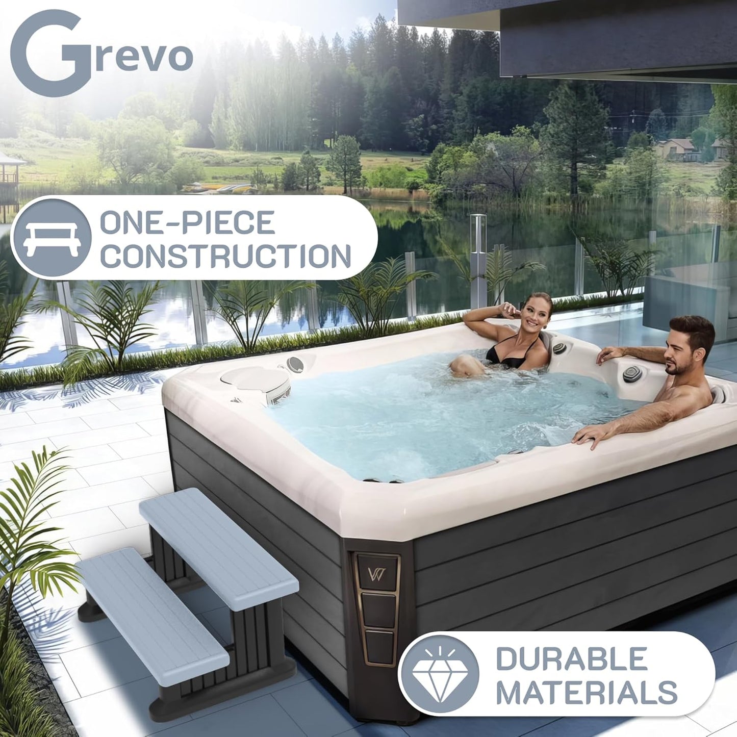 GREVO Hot Tub Steps, Spa Steps for Round or Straight Sided Spa, Grey