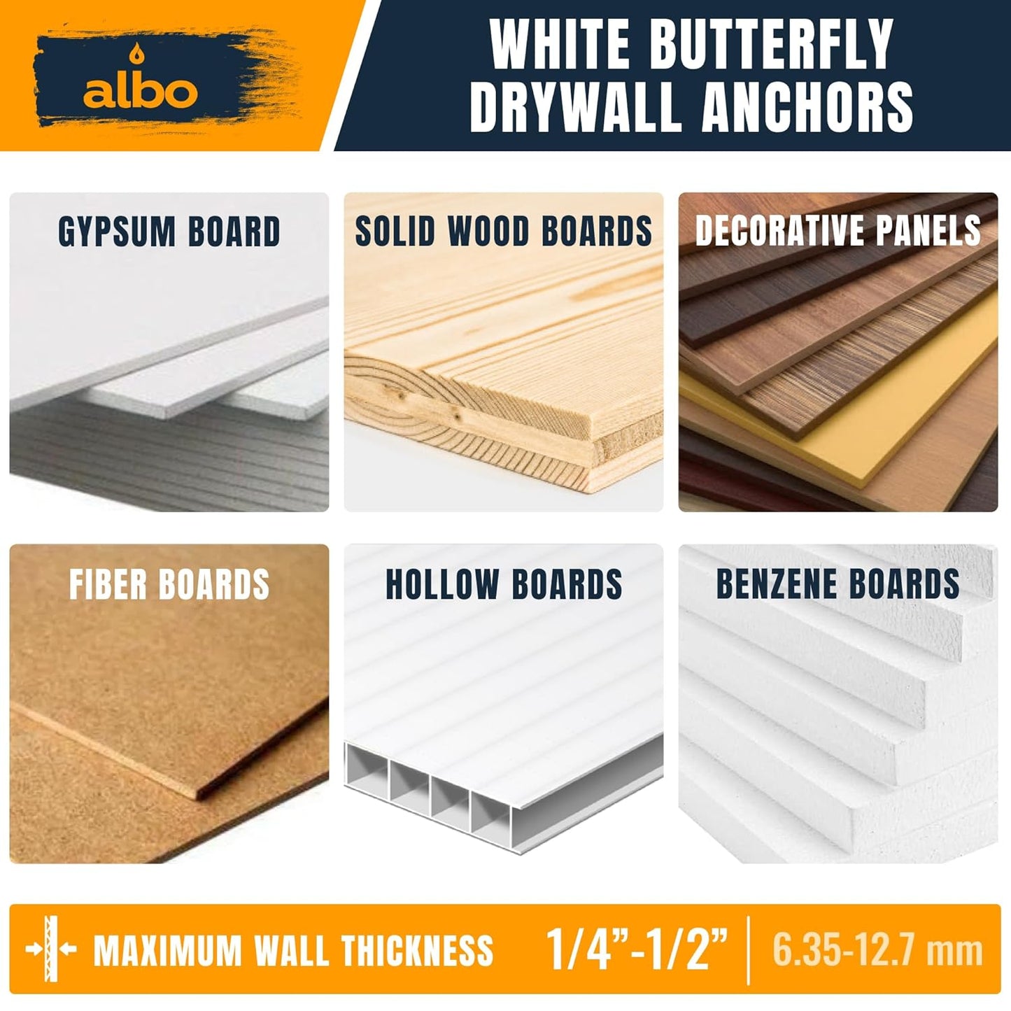 ALBO Drywall Plastic Hollow Wall Butterfly Anchors with Screws, 25 pieces