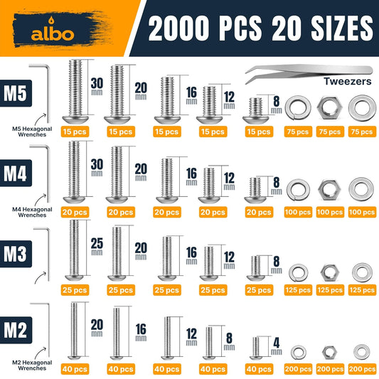 ALBO Metric Hex Socket Cap Screws Assortment M2-M5, 4-20mm Lengths, 2000pcs