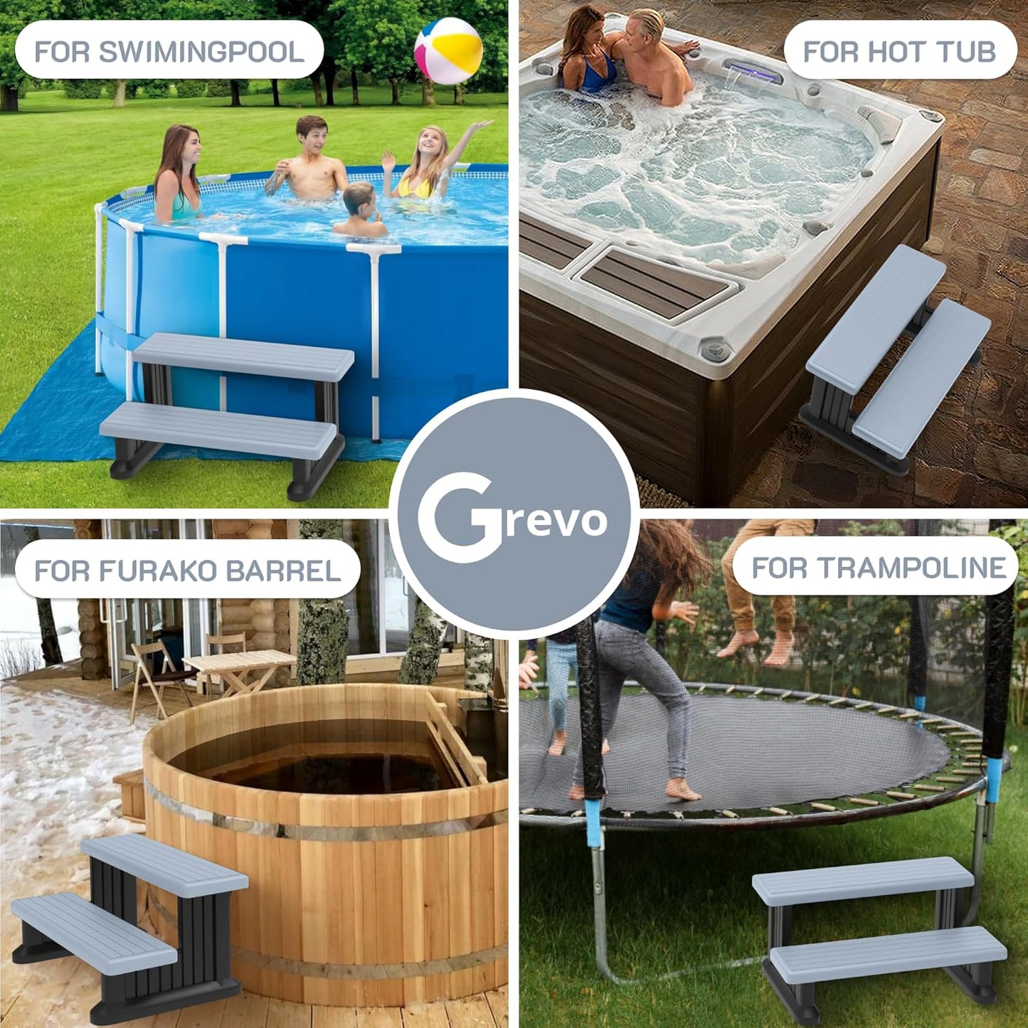 GREVO Hot Tub Steps, Spa Steps for Round or Straight Sided Spa, Grey