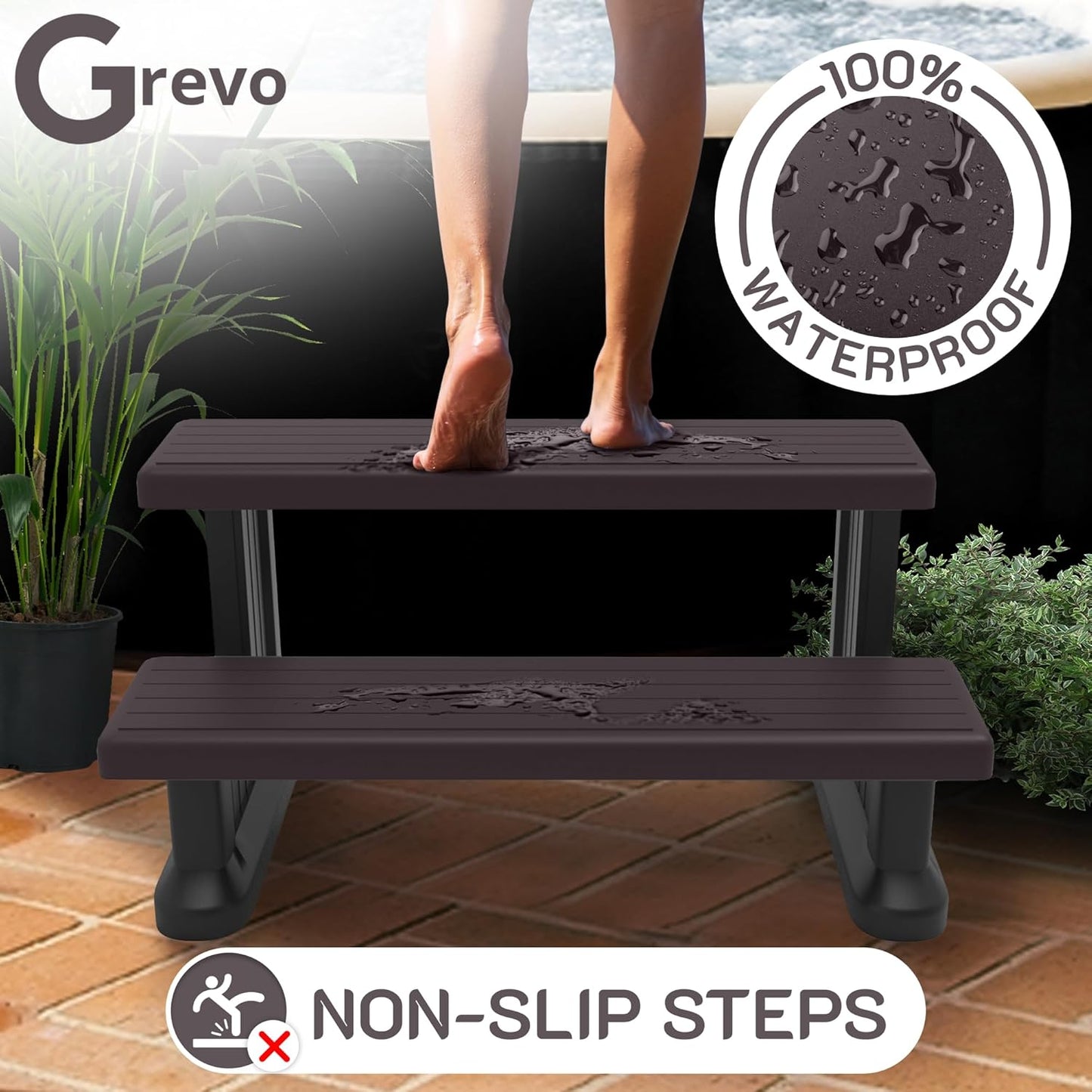 GREVO 2 Tier Plastic Slip Resistant Hot Tub Steps, Swim Spa Steps, Jacuzzi Steps, Outdoor Spa Steps, Brown Color