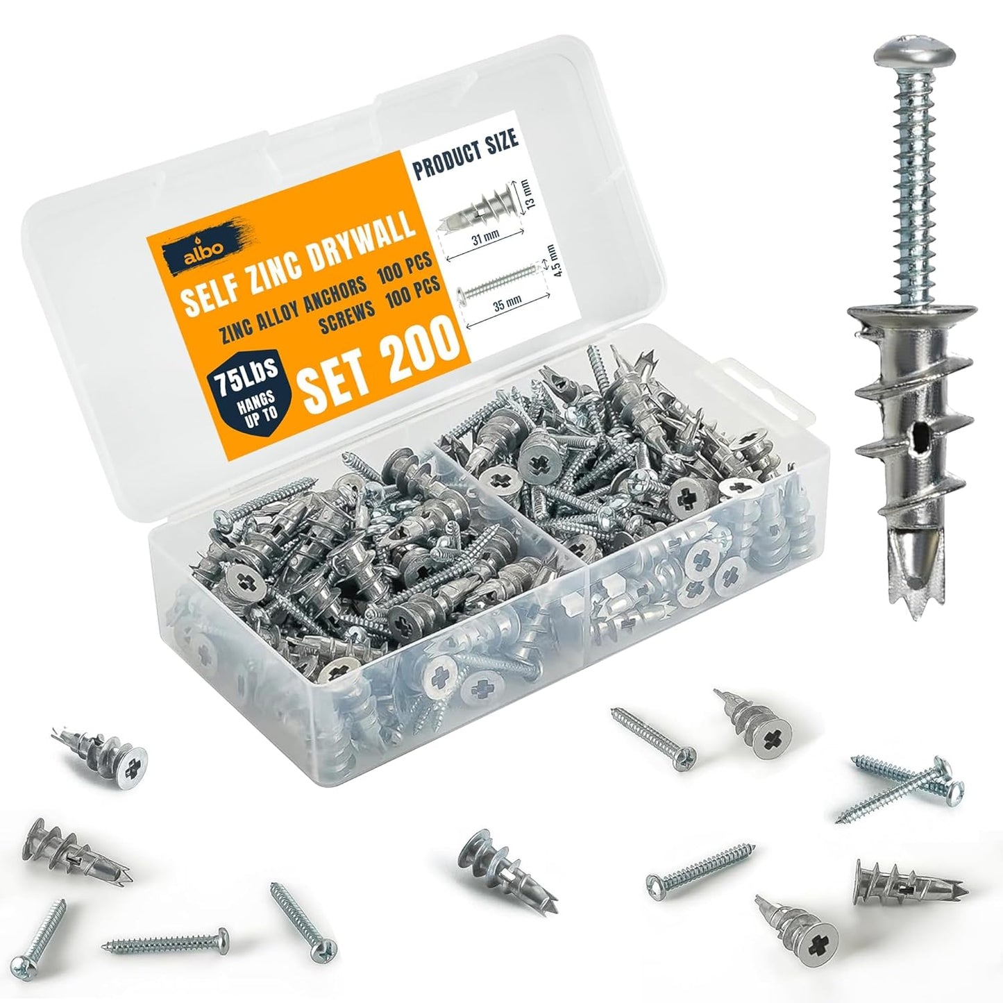 ALBO #6 Zinc Self-Drilling Drywall Anchors 100pc Set