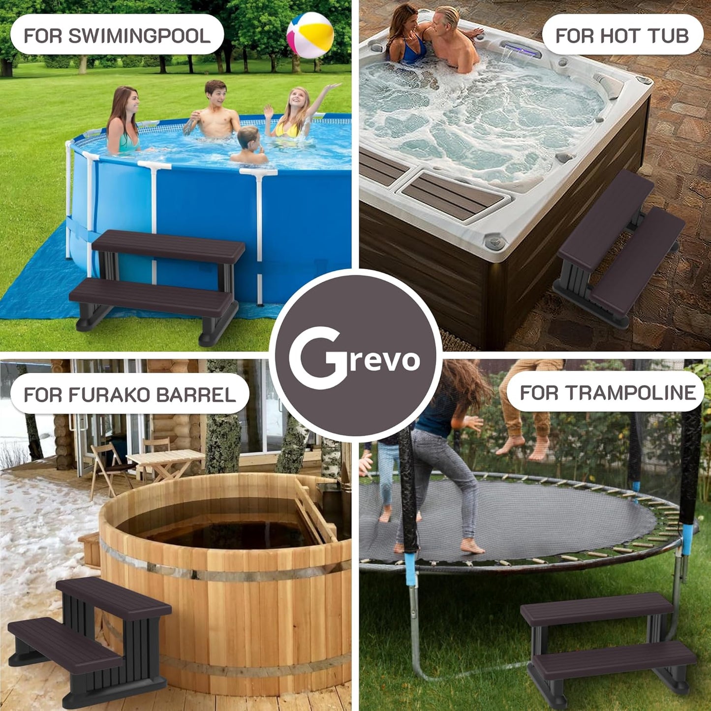 GREVO 2 Tier Plastic Slip Resistant Hot Tub Steps, Swim Spa Steps, Jacuzzi Steps, Outdoor Spa Steps, Brown Color