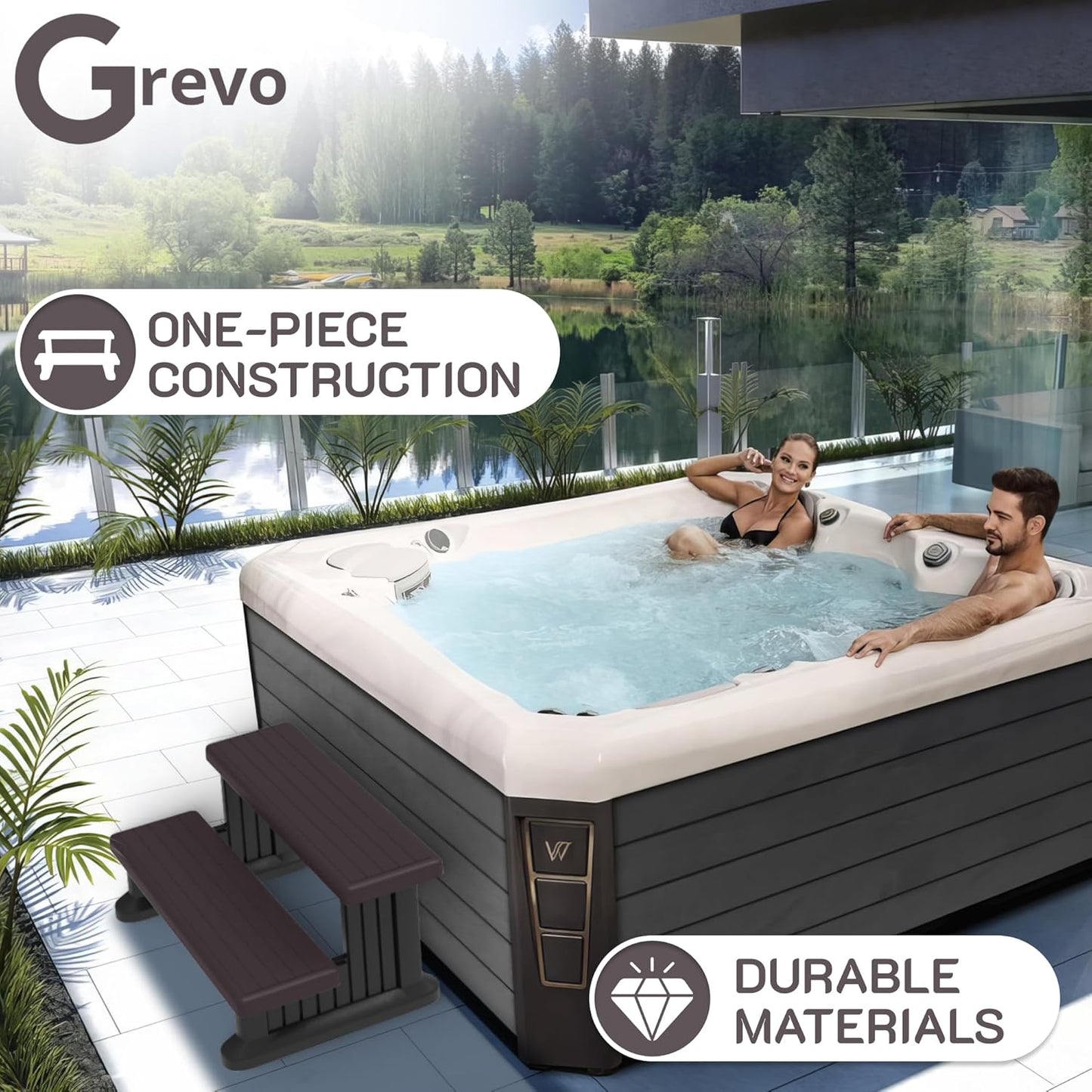 GREVO 2 Tier Plastic Slip Resistant Hot Tub Steps, Swim Spa Steps, Jacuzzi Steps, Outdoor Spa Steps, Brown Color