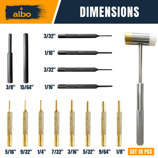 ALBO 15-Piece Pin Punch Set with Hammer, Brass and Plastic Drivers, Roll Pin Tools for Gunsmithing, Firearm and Small Machinery Repair, Knurled Handles, Hard Storage Case