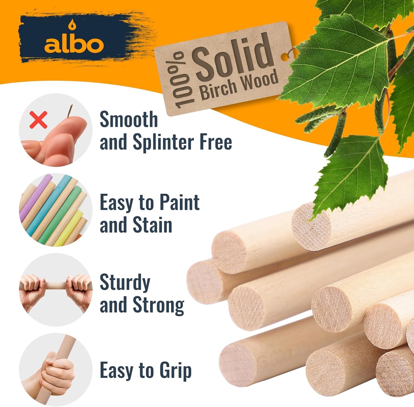 ALBO 1/2" x 12" Wooden Dowel Rods, Birch Natural Hardwood Rods, 25 pieces