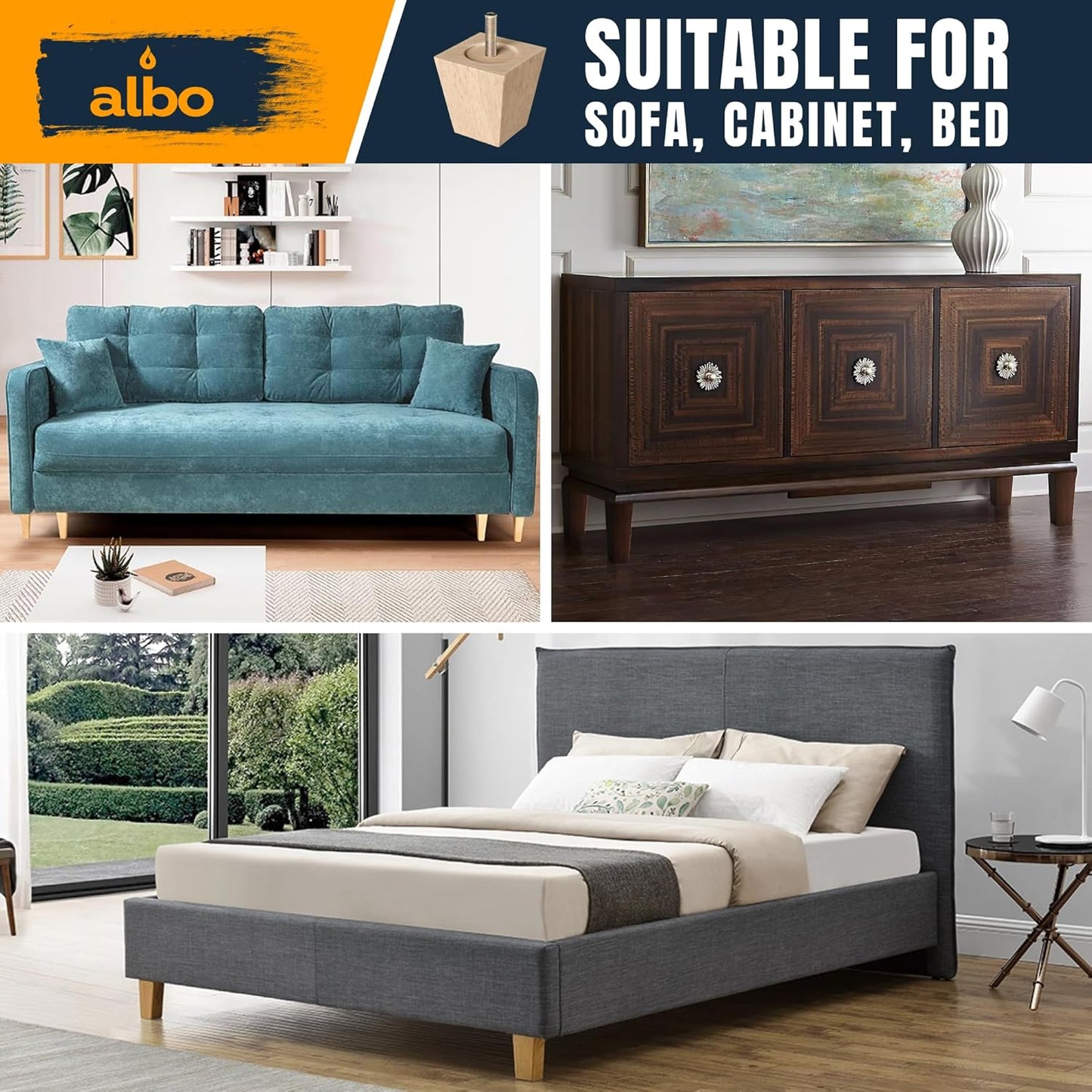 Albo Wood Heavy Duty Furniture Legs, 4 inch Height, Pack of 4 pcs, Brown