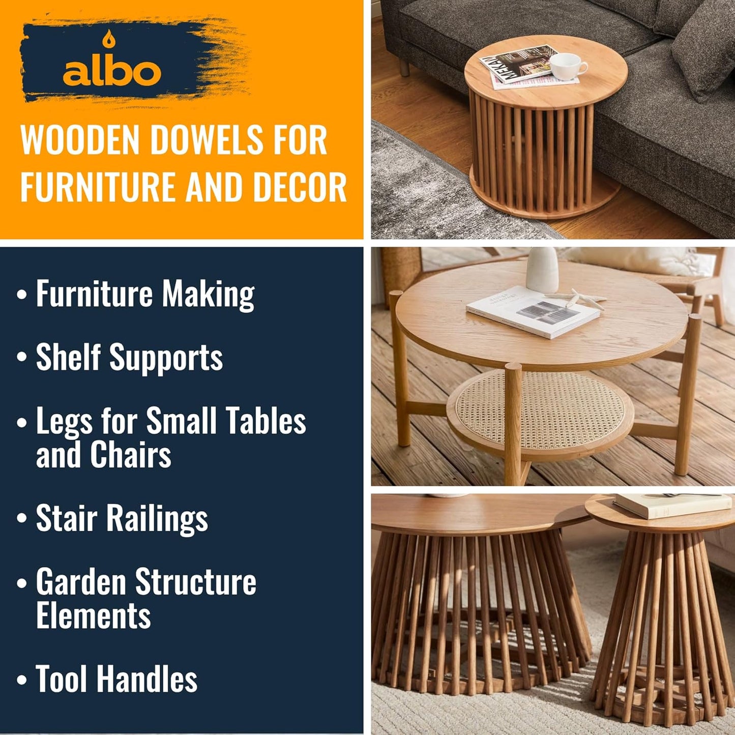 ALBO 1/2" x 12" Wooden Dowel Rods, Birch Natural Hardwood Rods, 25 pieces