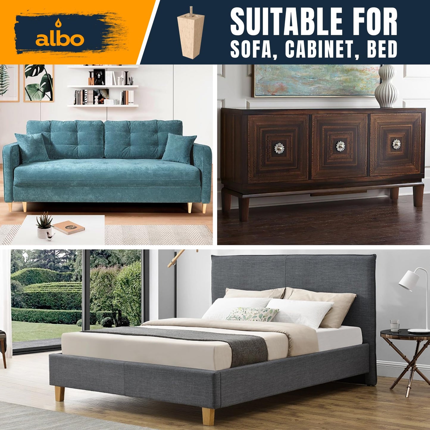 Albo Wood Furniture Legs 8 inch, Heavy Duty Sofa Legs, Pack of 4 Square Couch Legs Covered with Clear Varnish, Sofa Replacement Parts, for Dresser, Sideboard, Recliner Couch, Circle Chair