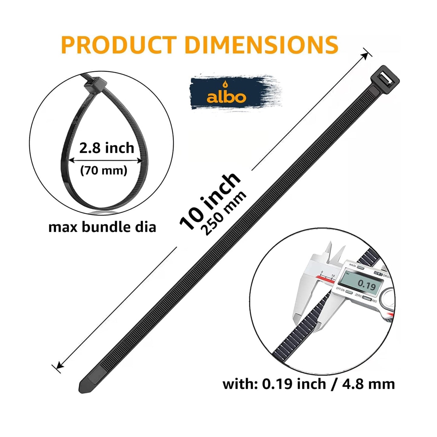 ALBO Black Zip Ties 10 Inch, Nylon Wire Ties for Indoor and Outdoor, Pack 1000 pcs