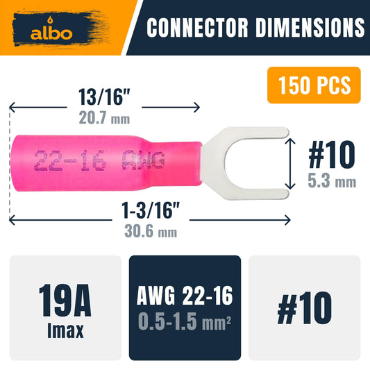 ALBO 22-16 AWG Heat Shrink Fork Connectors #10 Stud Red 150 Pack