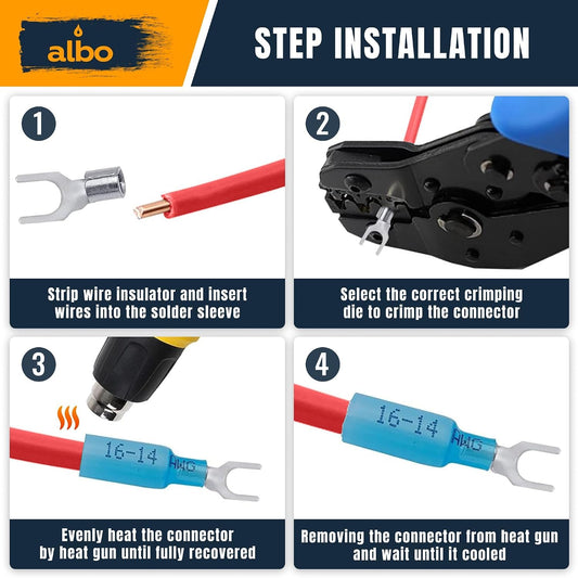 ALBO Blue Heat Shrink Fork Terminals, 16-14 AWG, #10 Stud, 100 Pack
