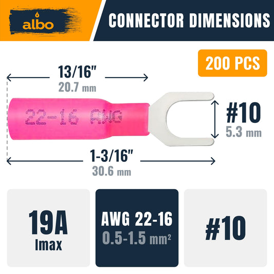 ALBO Heat Shrink Fork Terminals 22-16 AWG #10 Red 200pcs