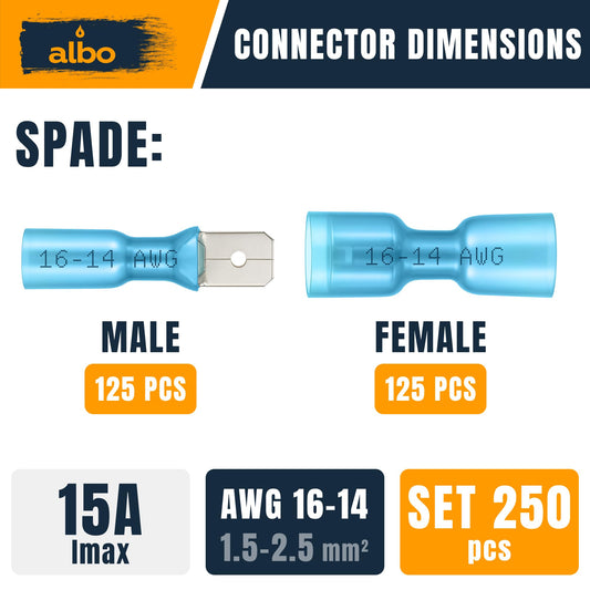 ALBO 250PCS Heat Shrink Male and Female Spade Connectors Kit AWG 16-14 Blue