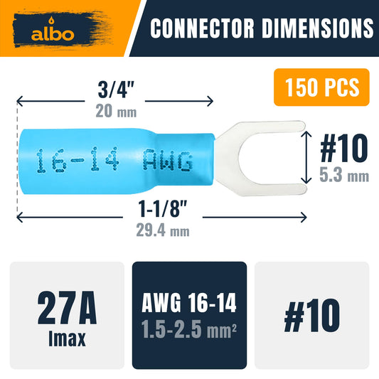 ALBO 16-14 AWG Heat Shrink Fork Connectors #10 Stud Blue 150 Pack