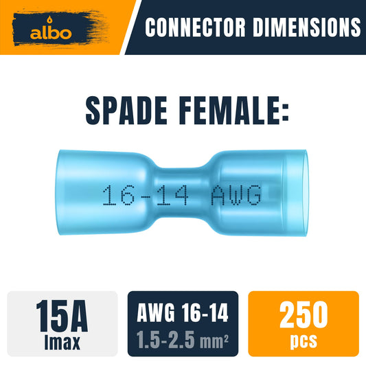 ALBO Heat Shrink Female Spade Connectors Kit AWG 16-14 Blue 250pcs