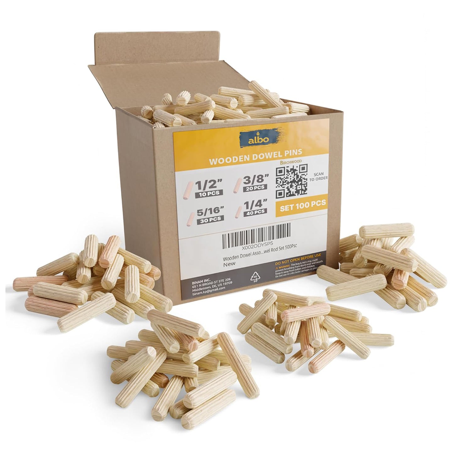 ALBO Wooden Dowel Pins, Assorted Sizes 1/2, 3/8, 5/16, 1/4 inch, pack 100 pcs