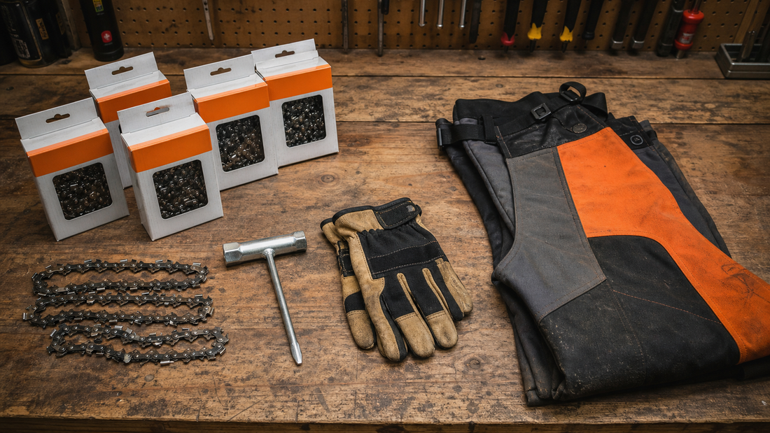 Multiple chainsaw chain packs prepared for a tree service and landscaping crew