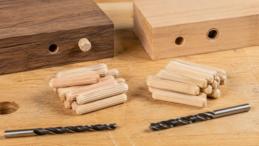 Metric and inch fluted wood dowel pins compared by diameter