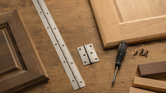 Continuous piano hinge compared with standard hinges on cabinet doors