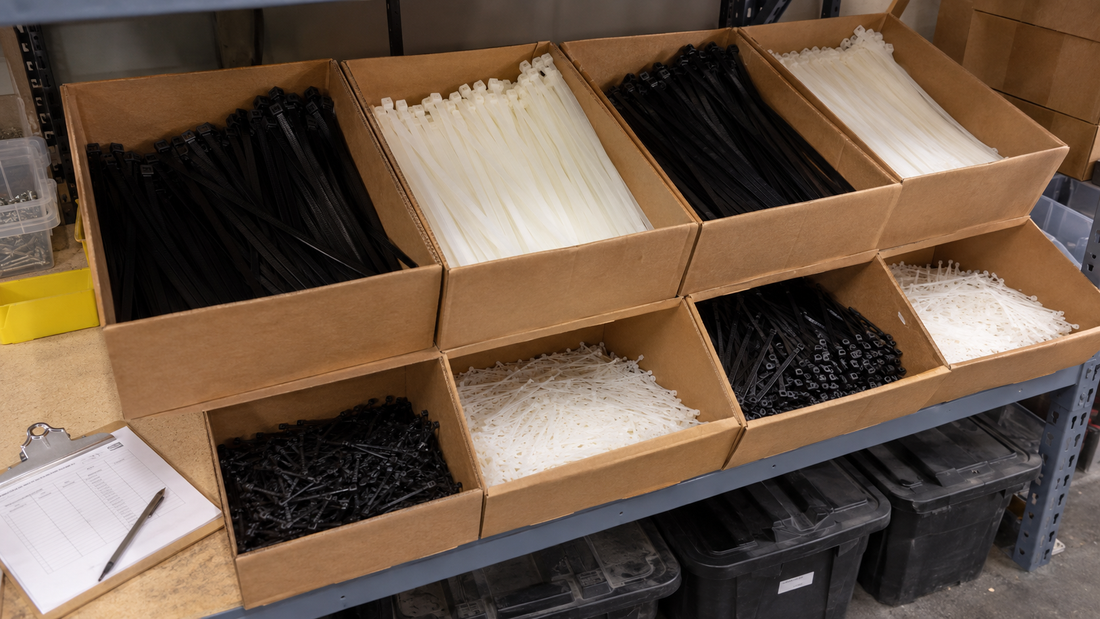 Contractor supply shelf with multiple large bulk boxes of zip ties and a purchase order clipboard