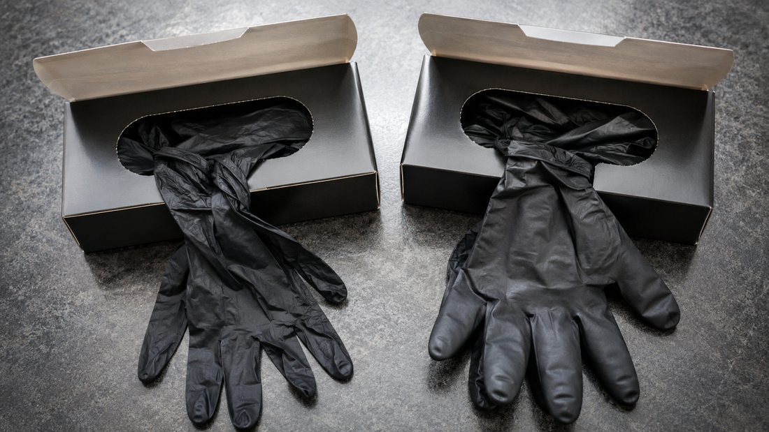 Two open boxes of black nitrile gloves side by side, one thinner and one thicker