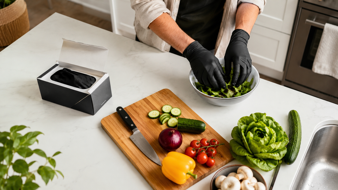Hands wearing black nitrile gloves preparing food in a clean kitchen, with an open box of gloves nearby
