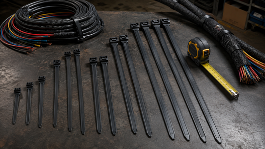 Workbench with extra wide heavy duty zip ties, a tape measure, and thick industrial cable bundles