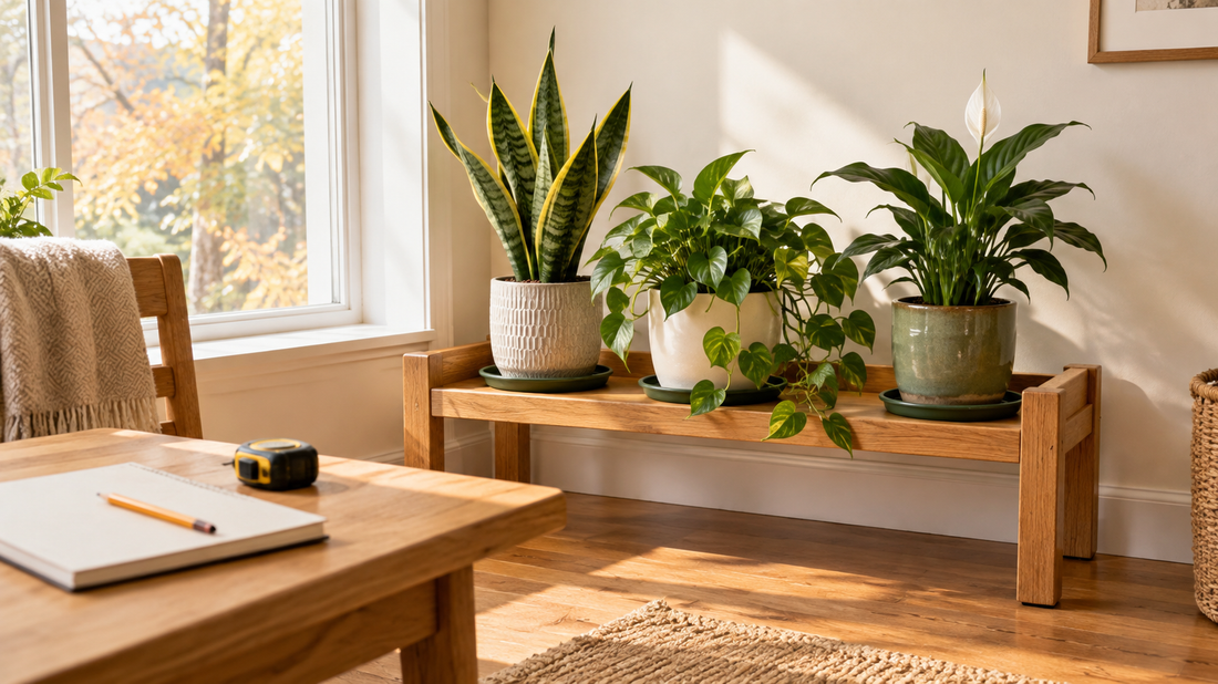 Small indoor plant shelf with potted plants on drip trays beside a window