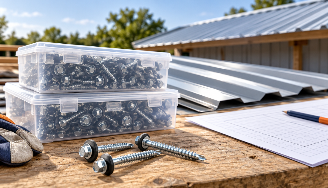 Roofing contractor staging metal roof screws and corrugated panels before installation