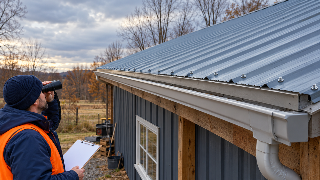Ground-level winter inspection of an exposed-fastener metal roof before wet weather