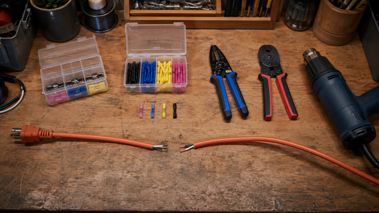 Workshop bench with a cut extension cord, heat shrink butt connectors, and a heat gun laid out for repair
