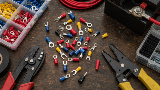 Electrical workbench with fork terminals, ring terminals, a crimping tool, and wire strippers