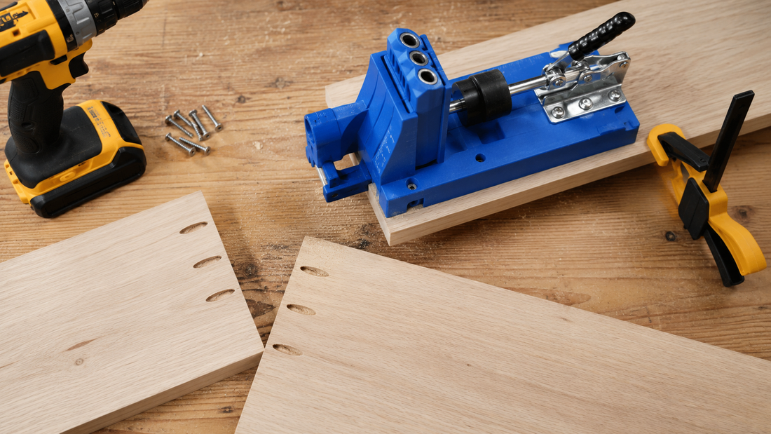Beginner woodworking setup with a pocket hole jig, screws, drill driver, and clamps