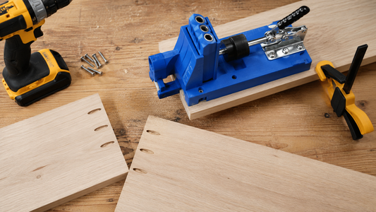 Beginner woodworking setup with a pocket hole jig, screws, drill driver, and clamps