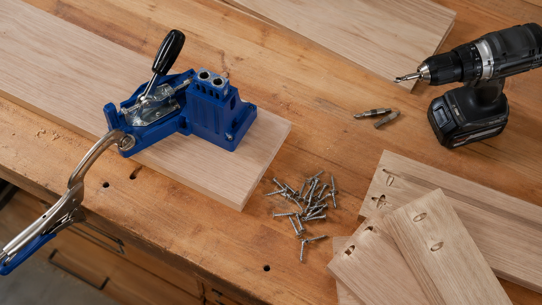 Woodworking workbench with a pocket hole jig, pocket hole screws, and a drill driver