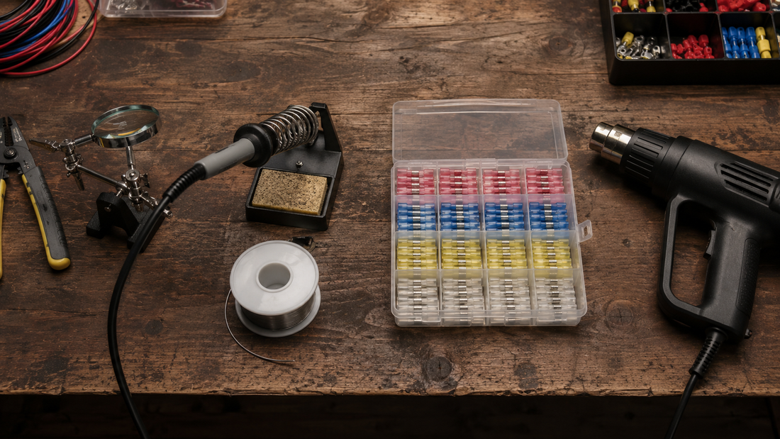 Workbench with a soldering iron, solder spool, heat gun, and heat shrink butt connector kits