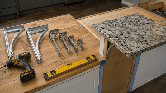 Kitchen installation workbench with countertop support brackets, a drill driver, and a level