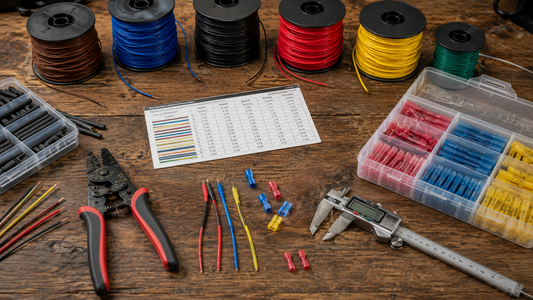 Electrical workbench with wire spools of different gauges, wire strippers, and heat shrink connector kits