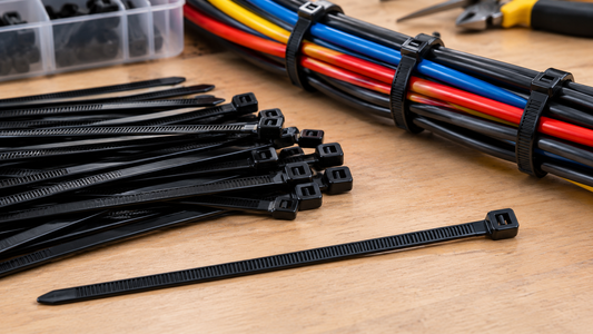 Black zip tie aligned with its locking head beside an organized cable bundle