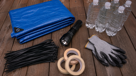 Hurricane preparation supplies including heavy duty zip ties tarps and emergency gear