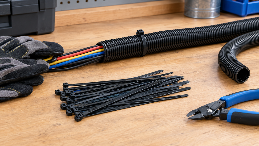 Zip tie installed snugly around protected cables without crushing the bundle