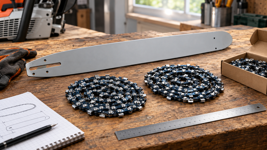 Chainsaw guide bar and replacement chains arranged for a compatibility cross-check