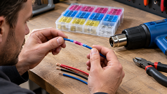 Technician inspecting a sealed heat-shrink butt connector on a workshop bench